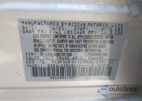 2021 Nissan Sentra Sv Xtronic Cvt z USA, uszkodzony, nr VIN 3N1AB8CV0MY301984